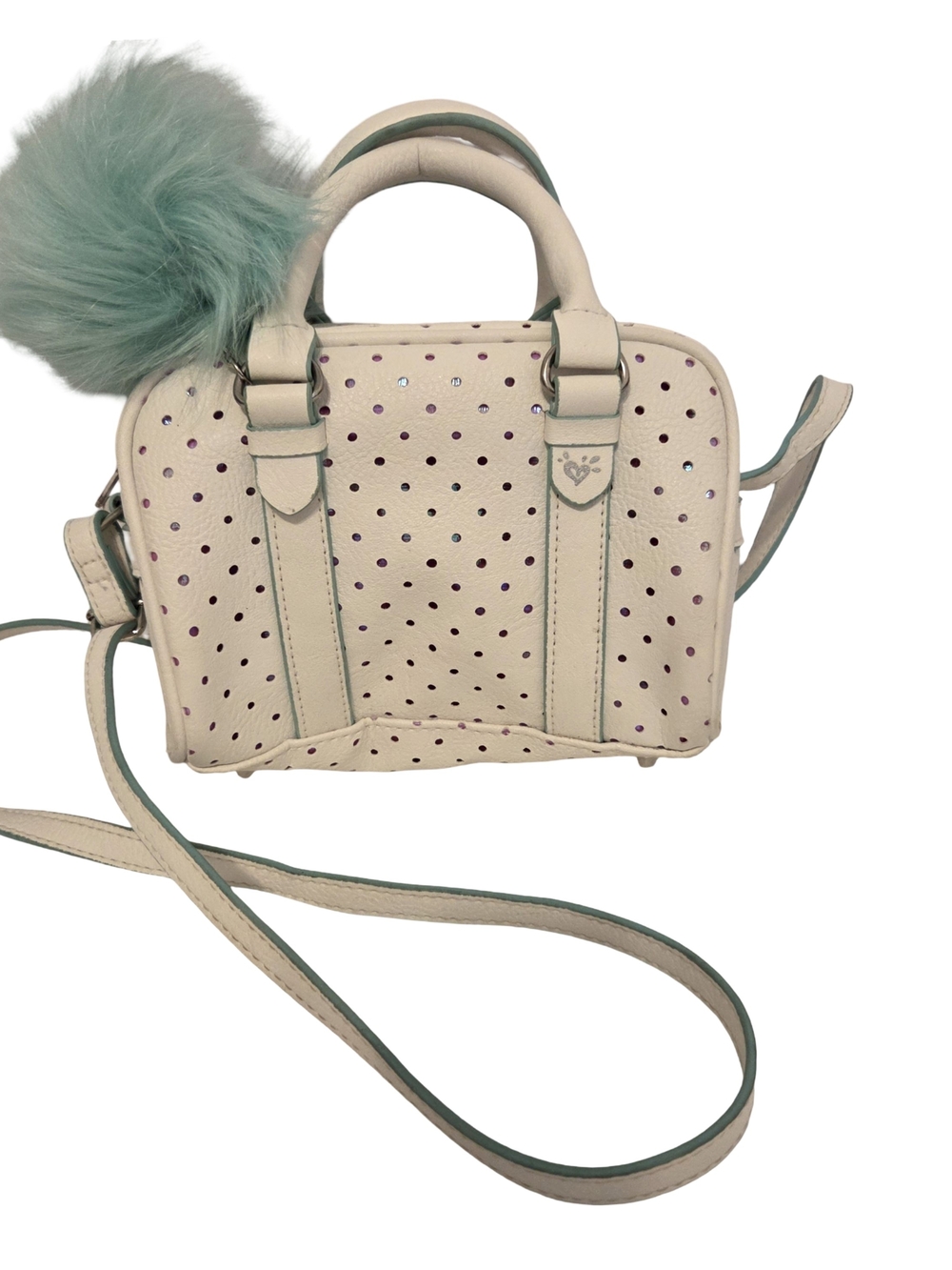 Justice White Perforated Crossbody Satchel with Mint Pom Pom